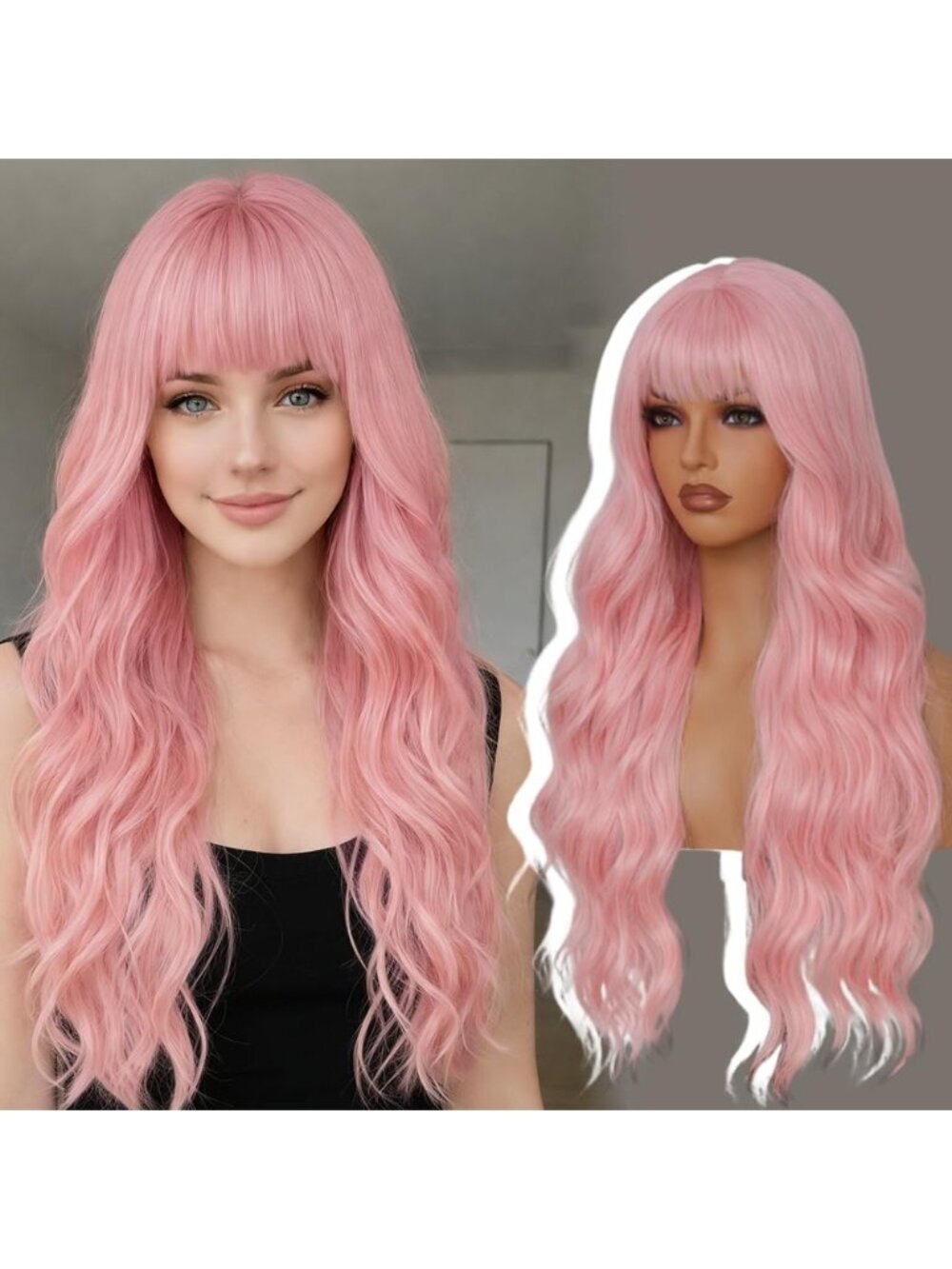 26 Inch Women's Light Pink Soft Layered Wavy Curly Hair Wig with Natural Shine